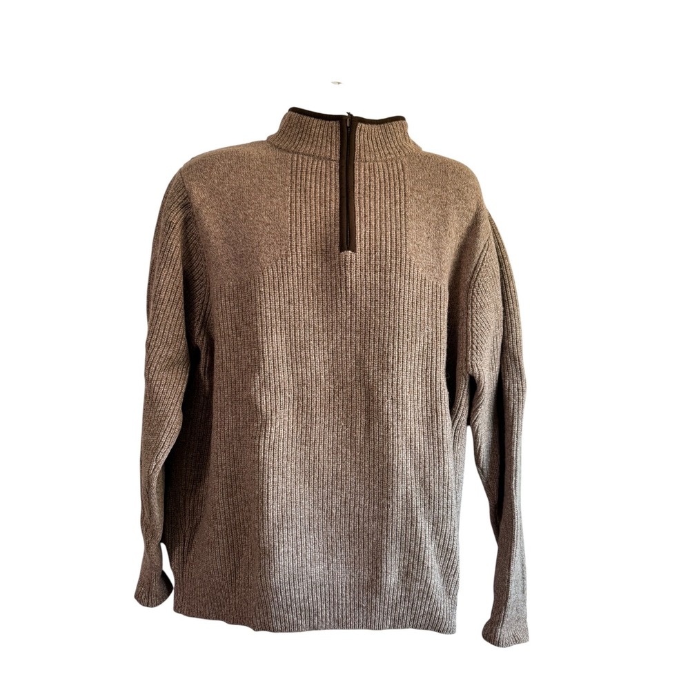 LL Bean Mens Large Merino Lambswool Quarter Zip Ribbed Knit Sweater Heather Tan